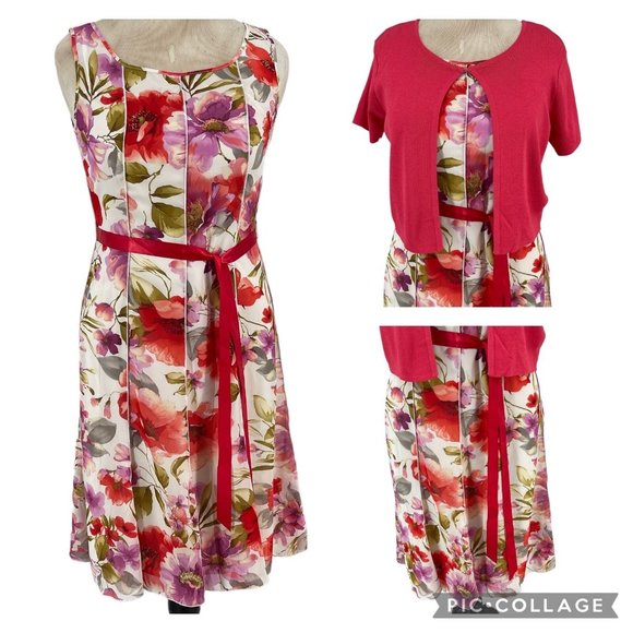 Sandra Darren Sheer Floral Panel Dress & Sweater set 12 Ivory Orange Flare Lined - Picture 2 of 12